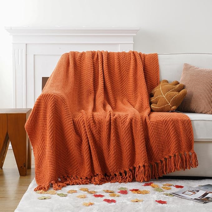 BATTILO HOME Burnt Orange Throw Blanket for Couch, Knit Fall Decor Blanket Versatile for Chair, Decorative Halloween Blanket with Tassels for Bed, 60" x 80"