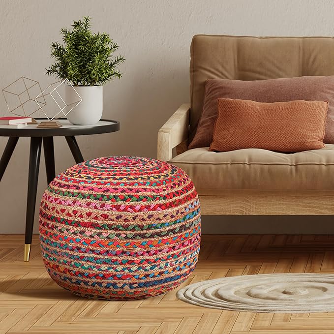 Briaded Round Boho Pouf Ottoman Foot Rest - Poofs/Ottomans Furniture Decor - Circular Ottomans Pouffe for Bedroom - Poufs for Living Room Jute and Cotton - (18"x18"x14")
