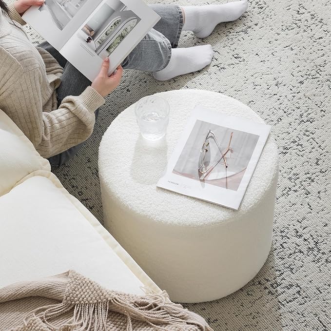 Bezseller Soft Boucle Pouf Ottoman, Comfortable Foot Rest, Full Foam Filling Footstool for Living Room, Bedroom, Lightweight Comfort and Charm Floor Poof Seating Perfect to Rest Your Feet, Beige