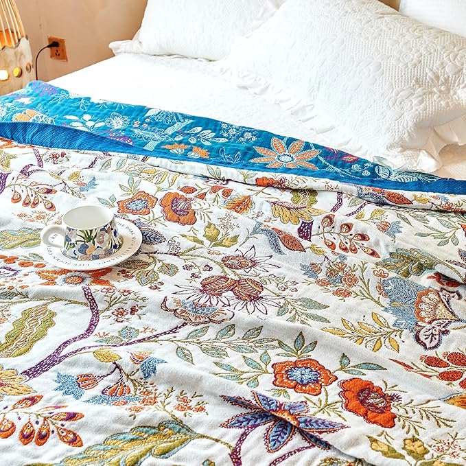Boho Throw Blanket, 100% Organic Cotton Breathable Skin-Friendly Ultra Soft Bed Quilt Throw - All Season Floral Farmhouse Décor Luxury Blanket for Sofa Couch Chair and Gift. 50" x 60"