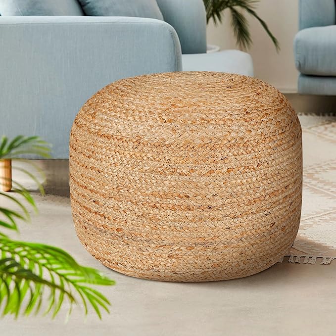 Jute Pouf Ottoman - Briaded Round Boho Pouf Ottoman Foot Rest - Poofs/Ottomans Furniture Decor - Circular Ottomans Pouffe for Bedroom - Poufs for Living Room - (18"x18"x14")