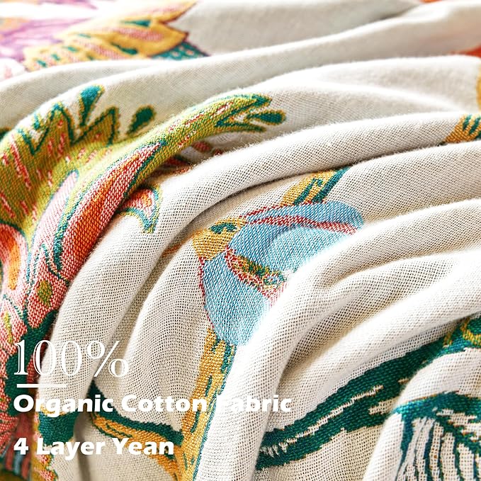 Boho Throw Blanket, 100% Organic Cotton Breathable Skin-Friendly Ultra Soft Bed Quilt Throw - All Season Floral Bird Farmhouse Décor Luxury Blanket for Sofa Couch Chair and Gift. 80" x 90"