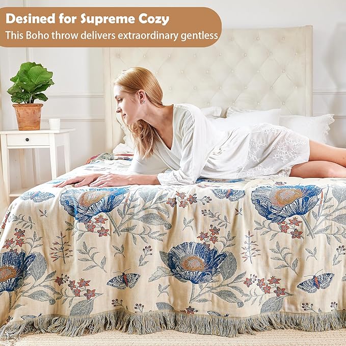 Boho Throw Blanket, 100% Organic Cotton Breathable Ultra Soft Bed Quilt Throw - All Season Floral Bird Butterfly Farmhouse Decor Blanket for Sofa Couch Chair and Gift. 80" x 90"