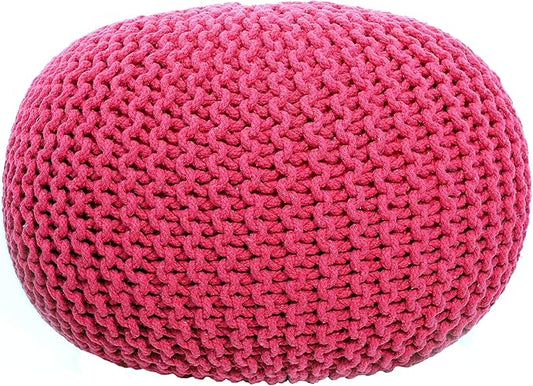 FRELISH DECOR Round Pouf Ottoman Hand Knitted 100% Cotton Pouf Foot Stool - Knitted Bean Bag - Floor Chair for Living Room - Bedroom Foot Rest for Couch (20 Diameter x 14 Height) - Dark Pink