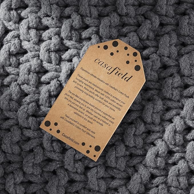 Casafield Square Pouf Ottoman, Dark Gray 18.5" W x 18.5" D x 14.5" H Cotton Knit Foot Stool - Boho Floor Pouffe for Living Room, Bedroom, Home Office