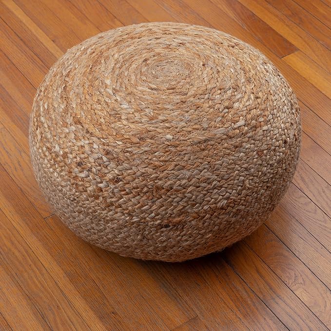 Decor Therapy Round Pouf Ottoman Footrest, Natural Jute Woven, Boho Pouf, Bohemian Style Casual Seating for Living Room, Bedroom, Patio Decor 19"x 19"x 10.5"