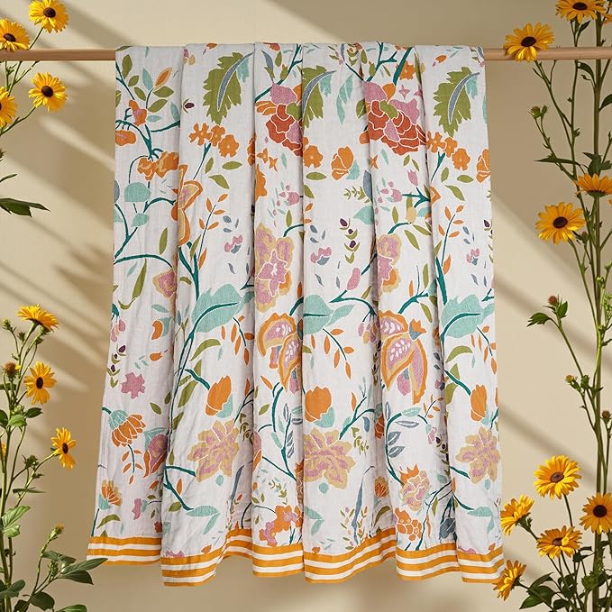 Boho Throw Blanket for Bed, 100% Organic Cotton Breathable Ultra Soft 60" x 80" Quilt Throw - All Season Floral Rustic Farmhouse Decor Luxury Reversible Blanket for Sofa Couch Chair and Gift