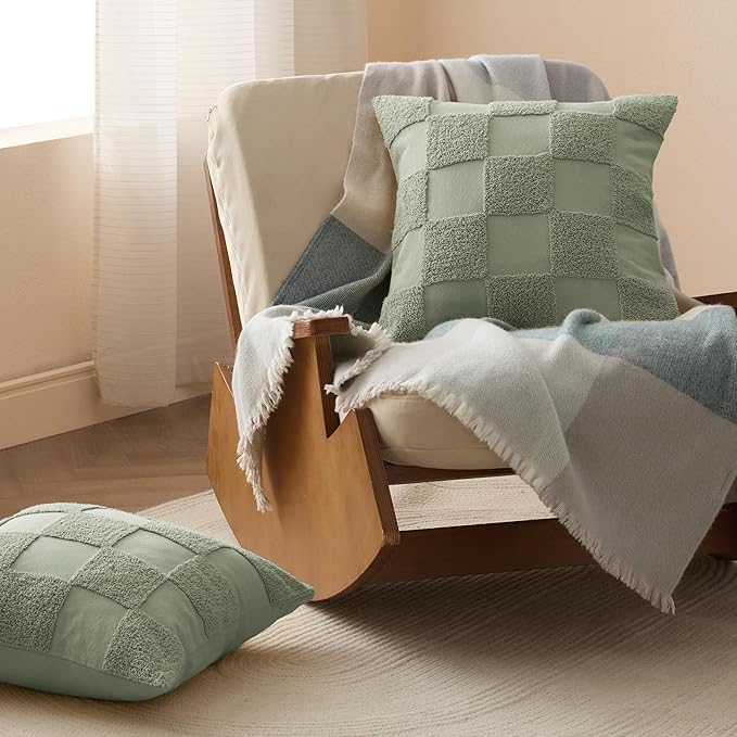 Double Stitch 100% Cotton Throw Pillow Covers - Checkered Tufted Boho Decorative Pillow Covers 20x20, Made in India, Square Cushion Case, Modern Home Decor for Couch, Sofa, Living Room, Sage Green