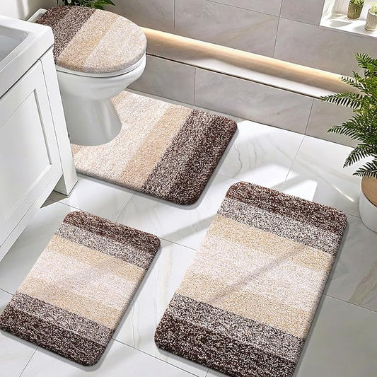 OLANLY Bathroom Rugs Sets 4 Piece, Soft Microfiber Absorbent Bath Mat, U-Shaped Contour Toilet Mat and Toilet Lid Cover, Quick Dry, Machine Washable, Toilet Cover and Rug Set for Bathroom, Brown