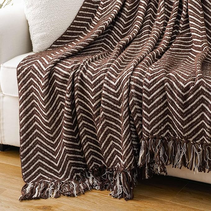 BATTILO HOME Chocolate Brown Throw Blanket for Couch, Decorative Knit Dark Brown Blanket for Bed, Super Soft Warm Throw for Fall Winter Accent Decor, 50''x60'', Chocolate/Cream