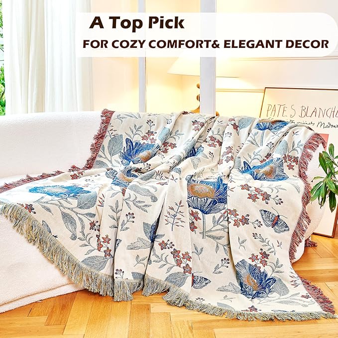Boho Throw Blanket, 100% Organic Cotton Breathable Ultra Soft Bed Quilt Throw - All Season Floral Bird Butterfly Farmhouse Decor Blanket for Sofa Couch Chair and Gift. 80" x 90"