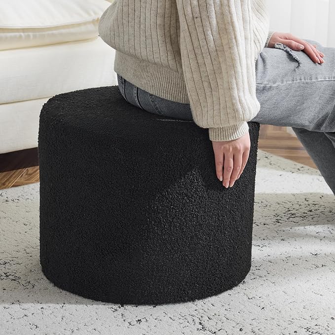Bezseller Soft Boucle Pouf Ottoman, Comfortable Foot Rest, Full Foam Filling Footstool for Living Room, Bedroom, Lightweight Comfort and Charm Floor Poof Seating Perfect to Rest Your Feet, Black