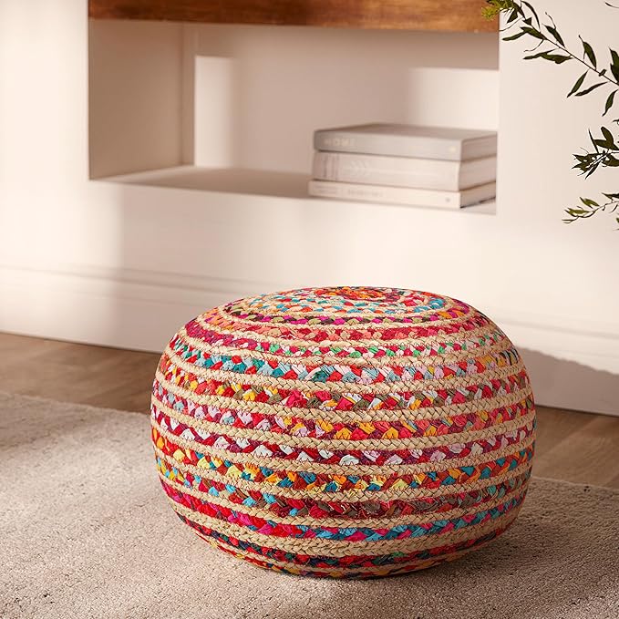 Briaded Round Ottoman Pouf - Boho Pouf Ottoman Foot Rest - Poofs/Ottomans Furniture Decor - Poofy Ottoman for Bedroom - Poufs for Living Room Jute and Cotton - (18"x18"x10")