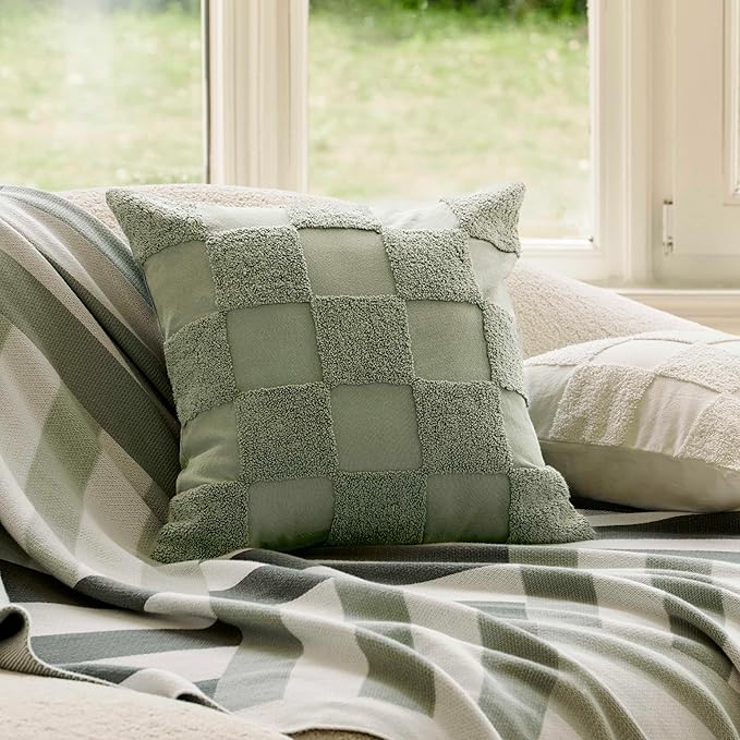 Double Stitch 100% Cotton Throw Pillow Covers - Checkered Tufted Boho Decorative Pillow Covers 20x20, Made in India, Square Cushion Case, Modern Home Decor for Couch, Sofa, Living Room, Sage Green
