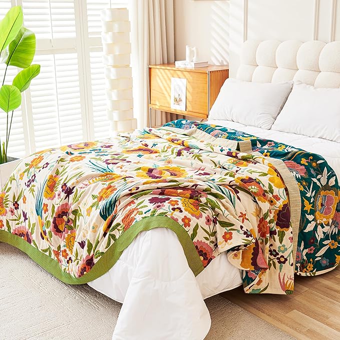 Boho Throw Blanket, 100% Organic Cotton Breathable Ultra Soft 91" x 98" Bed Quilt Throw - All Season Floral Rustic Farmhouse Decor Luxury Reversible Blanket for Sofa Couch Chair and Gift