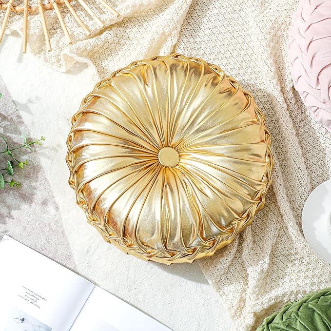 1 Pcs Round Throw Pillows Decorative Polyester Pleated Throw Pillows 15'' Diameter Accent Pumpkin Boho Chair Cushion for Couch Sofa Home Decoration (Gold)