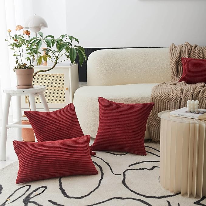 Home Brilliant Pillow Cover 24x24 Striped Corduroy Textured Plush Velvet Euro Sham Dark Red Pillow Cover for Sofa Christmas Decor, 24 x 24 inch, Burgundy