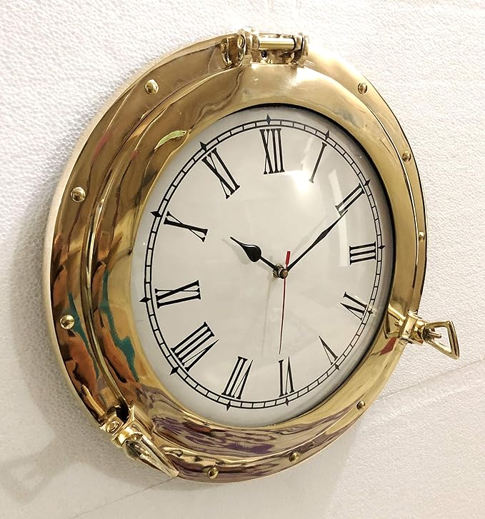 12" Antique Marine Solid Brass Ship Porthole Analog Clock Nautical Wall Hanging Clock Home Decor