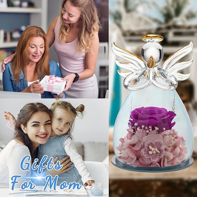 ANLUNOB Preserved Rose Birthday Gifts for Women Mom Grandma Wife, Glass Angel Figurines Gifts with Pretty Purple Flowers for Anniversary Wedding