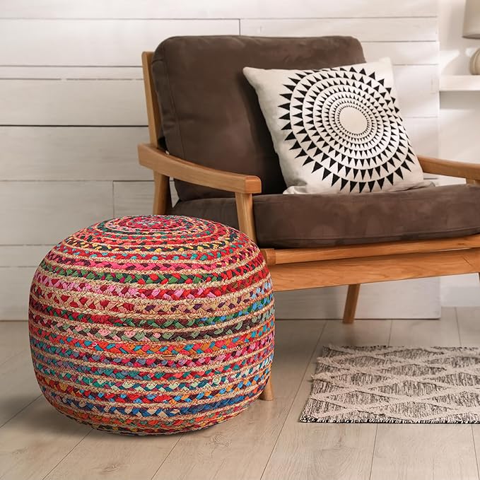 Briaded Round Boho Pouf Ottoman Foot Rest - Poofs/Ottomans Furniture Decor - Circular Ottomans Pouffe for Bedroom - Poufs for Living Room Jute and Cotton - (18"x18"x14")