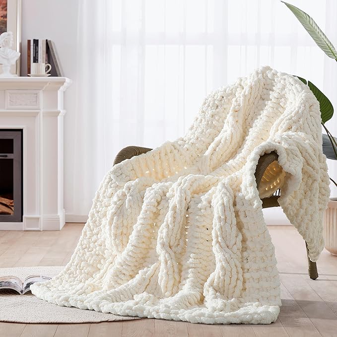 Chunky Knit Blanket Throw - 100% Hand Knitted Chunky Soft Throw Blanket for Couch, Thick and Warm Blanket for Winter, White, 50x60 Inches