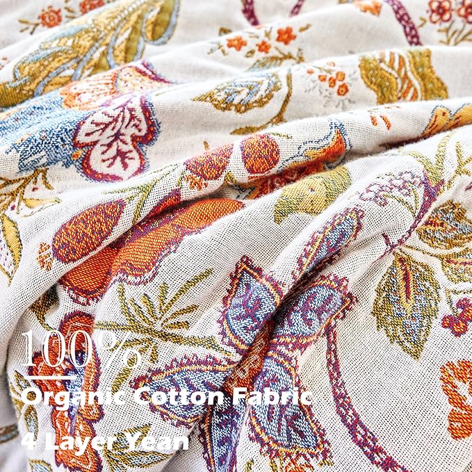 Boho Throw Blanket, 100% Organic Cotton Breathable Skin-Friendly Ultra Soft Bed Quilt Throw - All Season Floral Farmhouse Décor Luxury Blanket for Sofa Couch Chair and Gift. 50" x 60"