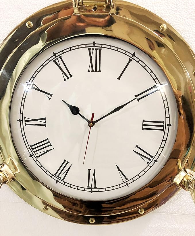 12" Antique Marine Solid Brass Ship Porthole Analog Clock Nautical Wall Hanging Clock Home Decor