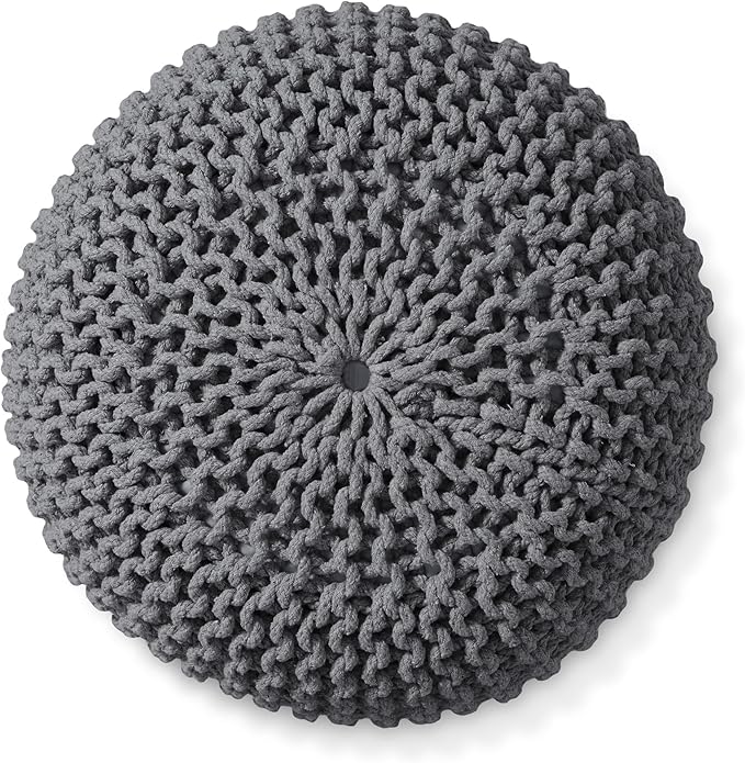 Casafield Round Pouf Ottoman, Dark Gray - 20" Diameter x 14.5" High Cotton Knit Foot Stool - Boho Floor Pouffe for Living Room, Bedroom, Home Office