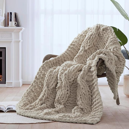 Chunky Knit Blanket Throw - 100% Hand Knitted Thick and Warm Throw for Winter, Linen, 50x60 Inches, Crochet