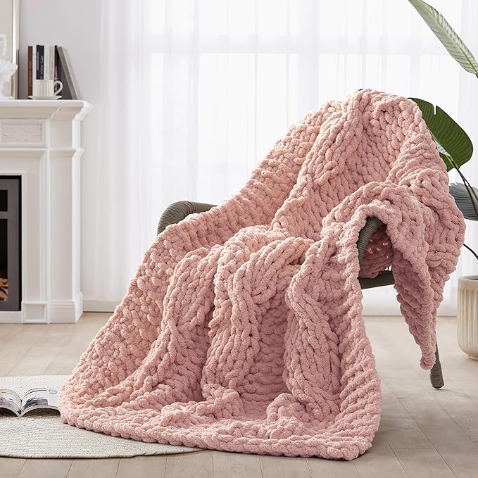 Chunky Knit Blanket Throw - 100% Hand Knitted Chunky Soft Throw Blanket for Couch, Thick and Warm Blanket for Winter, Pink, 50x60 Inches