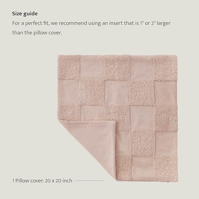 Double Stitch Checkered Throw Pillow Covers - 100% Cotton Tufted Boho Decorative Pillow Covers 20x20, Made in India, Square Cushion Case, Modern Home Decor for Couch, Sofa, Living Room, Pink Whisper