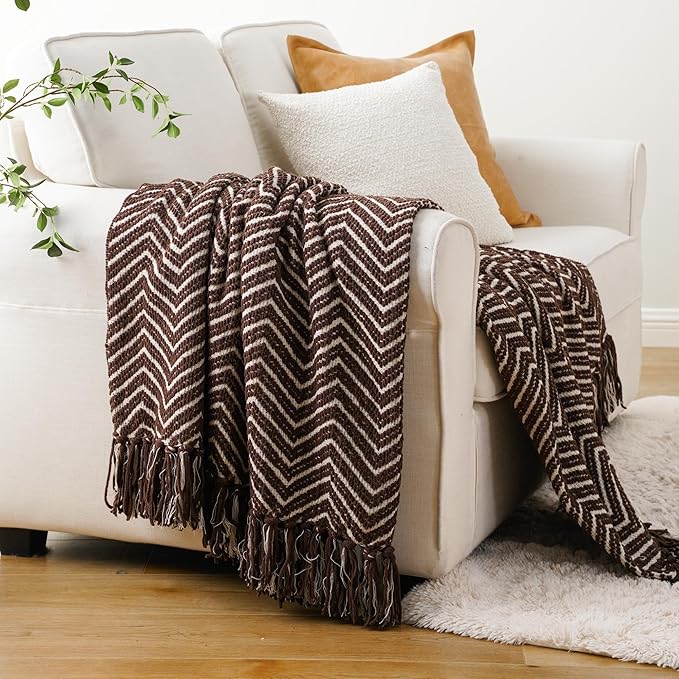 BATTILO HOME Chocolate Brown Throw Blanket for Couch, Decorative Knit Dark Brown Blanket for Bed, Super Soft Warm Throw for Fall Winter Accent Decor, 50''x60'', Chocolate/Cream