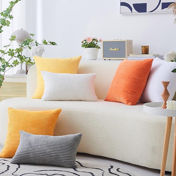 Home Brilliant White Lumbar Pillow Cover Decor Decorative Striped Corduroy Solid Cushion Cover Throw Oblong Pillowcase for Sofa Kids Toddler, 12 x 20 inch, Creamy White