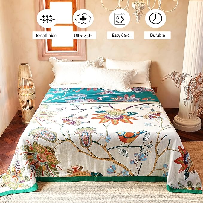 Boho Throw Blanket, 100% Organic Cotton Breathable Skin-Friendly Ultra Soft Bed Quilt Throw - All Season Floral Bird Farmhouse Décor Luxury Blanket for Sofa Couch Chair and Gift. 80" x 90"