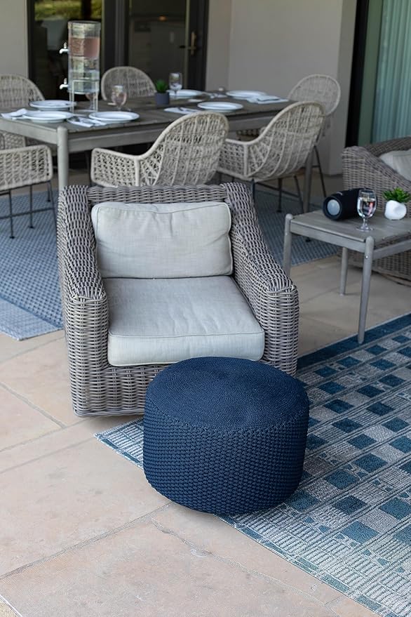 BIRDROCK HOME Outdoor Pouf Ottoman | Hand Woven Waterproof Foot Stool with Bead Bag Filling | Boho Foot Rest for Patio, Living Room, Porch & Outdoor Seating | Lightweight, Soft Stuffed Chair | Navy