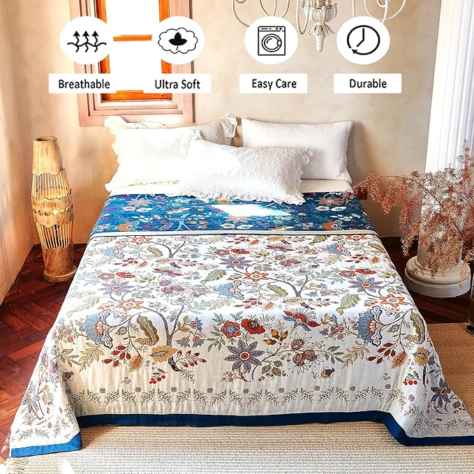 Boho Throw Blanket, 100% Organic Cotton Breathable Skin-Friendly Ultra Soft Bed Quilt Throw - All Season Floral Farmhouse Décor Luxury Blanket for Sofa Couch Chair and Gift. 50" x 60"