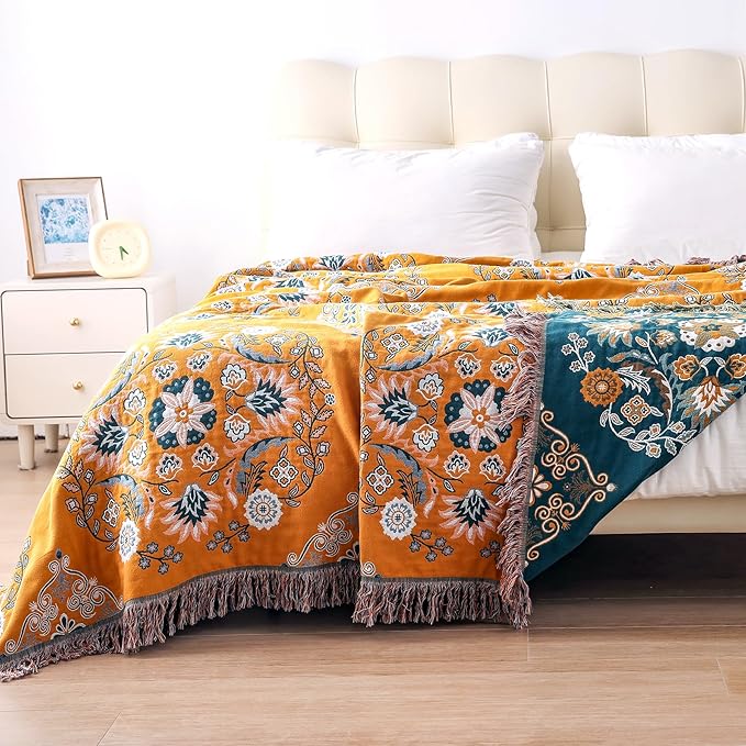 Boho Throw Blanket, 100% Cotton Soft Sofa Bed Queen Throw-Floral Farmhouse Decor Blanket, Reversible Bohemian Yellow Throw for Chair Couch Quilt and Gift, 80" x 90"