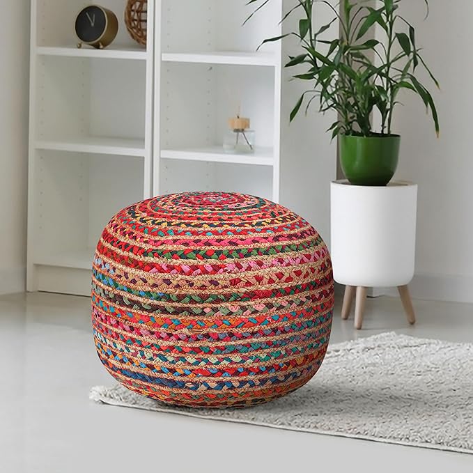 Briaded Round Boho Pouf Ottoman Foot Rest - Poofs/Ottomans Furniture Decor - Circular Ottomans Pouffe for Bedroom - Poufs for Living Room Jute and Cotton - (18"x18"x14")