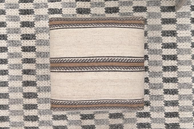 Handmade Jute Soft Ottomans Square Shape Stool for Sitting and Foot Rest with Wooden Legs, Entryway Modern Stool for Living Room, Bedroom (White Wool, L 15.74 x W 15.74 x H 14 inch)