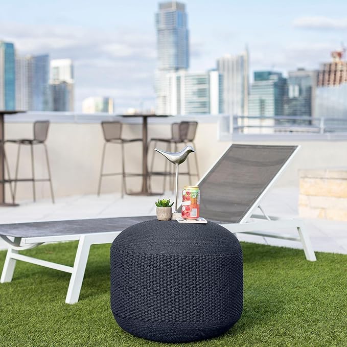 BIRDROCK HOME Outdoor Pouf Ottoman | Hand Woven Waterproof Foot Stool with Bead Bag Filling | Boho Foot Rest for Patio, Living Room, Porch & Outdoor Seating | Lightweight, Soft Stuffed Chair | Navy