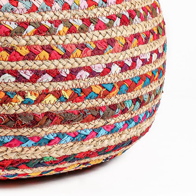 Briaded Round Ottoman Pouf - Boho Pouf Ottoman Foot Rest - Poofs/Ottomans Furniture Decor - Poofy Ottoman for Bedroom - Poufs for Living Room Jute and Cotton - (18"x18"x10")