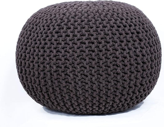 FRELISH DECOR Round Pouf Ottoman Hand Knitted 100% Cotton Pouf Foot Stool - Knitted Bean Bag - Floor Chair for Living Room Bedroom - Foot Rest for Couch (20 Diameter x 14 Height) - Brown