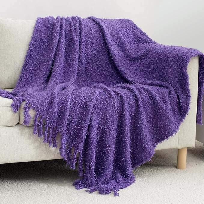 Winter Knit Throw Blanket Fluffy Fuzzy Soft Lightweight Cozy Farmhouse Tassels Chunky Knitted Throws for Couch Sofa Bed (Purple, 60"x80")