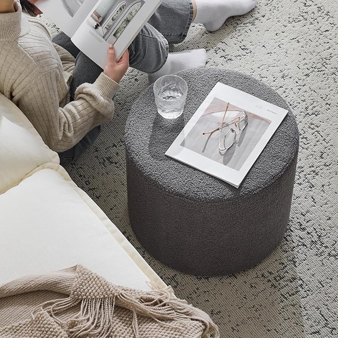 Bezseller Soft Boucle Pouf Ottoman, Comfortable Foot Rest, Full Foam Filling Footstool for Living Room, Bedroom, Lightweight Comfort and Charm Floor Poof Seating Perfect to Rest Your Feet, Grey