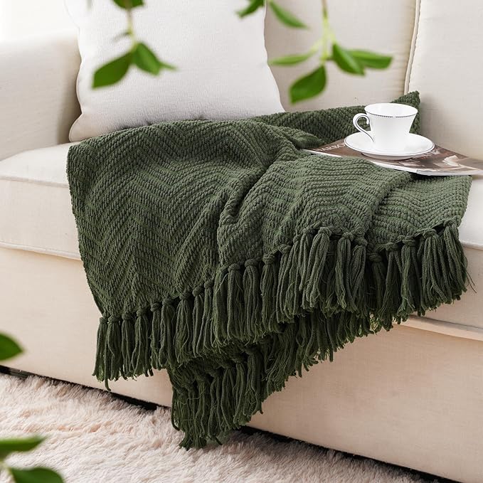 BATTILO HOME Olive Green Chenille Throw Blanket for Bed, Knit Throw Blanket,Super Soft Warm Home Decor Throw Blanket with Tassels for Couch,Sofa and Living Room,50" x 60"