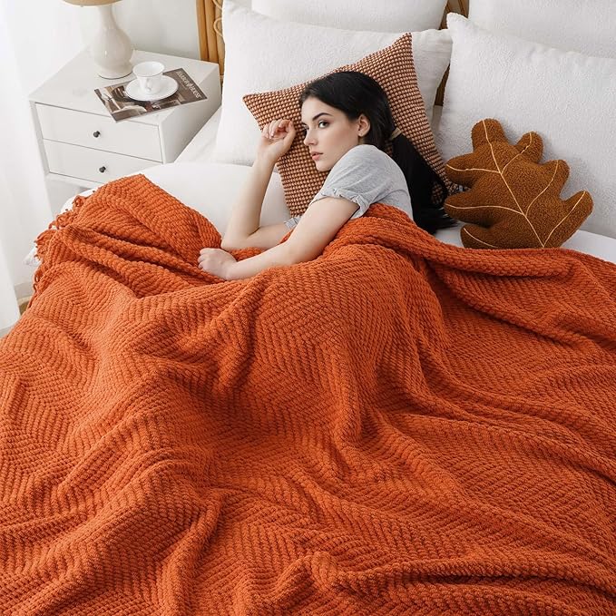 BATTILO HOME Burnt Orange Throw Blanket for Couch, Knit Fall Decor Blanket Versatile for Chair, Decorative Halloween Blanket with Tassels for Bed, 60" x 80"