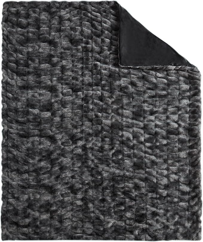 WDCOZY Ruched Faux Fur Throw Blanket Soft Cozy Fluffy Luxurious Blankets Couch Bed Sofa Chair Home Decor Warm Furry Fall Winter Plush Rabbit Fur Bubble Blanket 50" x 60", Dark Grey
