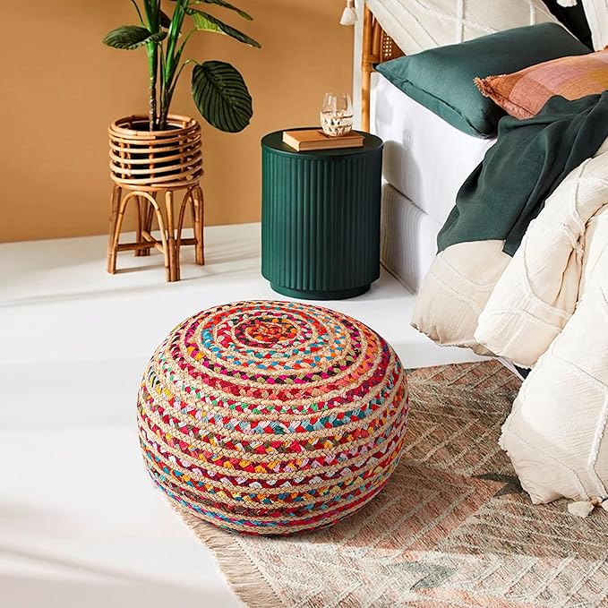 Briaded Round Ottoman Pouf - Boho Pouf Ottoman Foot Rest - Poofs/Ottomans Furniture Decor - Poofy Ottoman for Bedroom - Poufs for Living Room Jute and Cotton - (18"x18"x10")