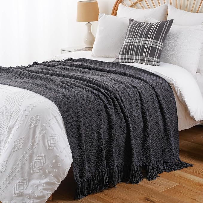 BATTILO HOME Dark Grey Throw Blanket for Couch, Knit Charcoal Throw Blanket Versatile for Chair, 50 x 60 Inch - Super Soft Warm Grey Blanket with Tassels for Bed, Sofa and Living Room