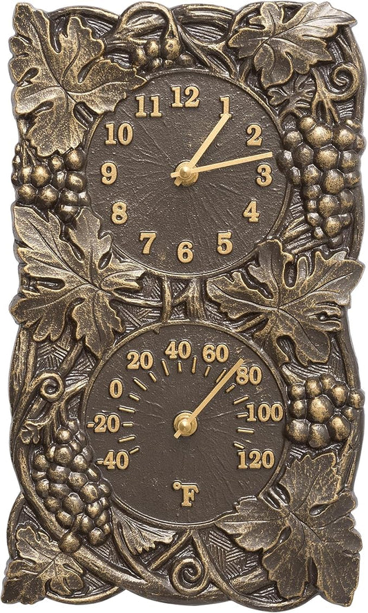 Grapevine Indoor Outdoor Wall Clock & Thermometer Made from Solid cast Aluminum
